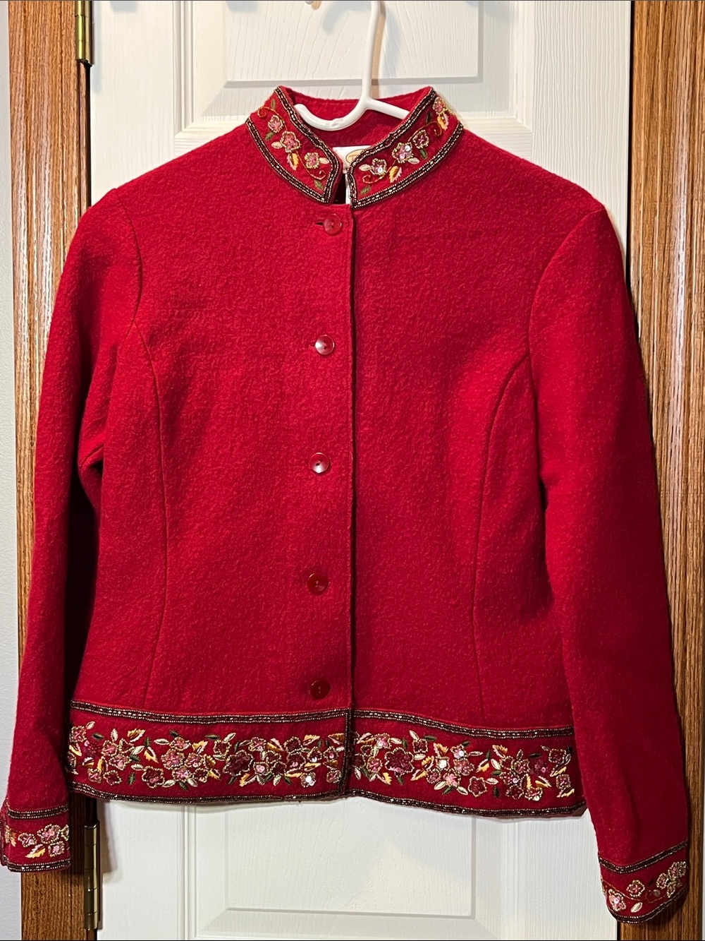 Talbots Ruby Red Boiled Wool Seamed Jacket w/ Floral Beaded Trim Women’s SP